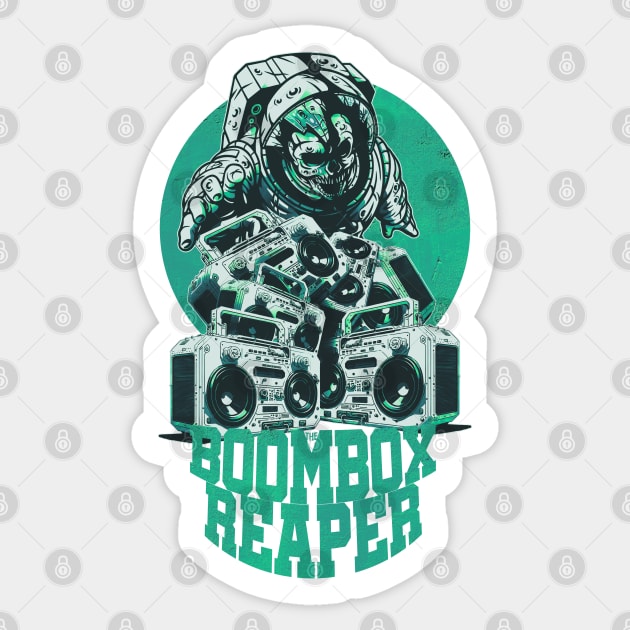 Green Boombox Reaper - Skull-Face Astronaut with Boomboxes Sticker by AnAzArt